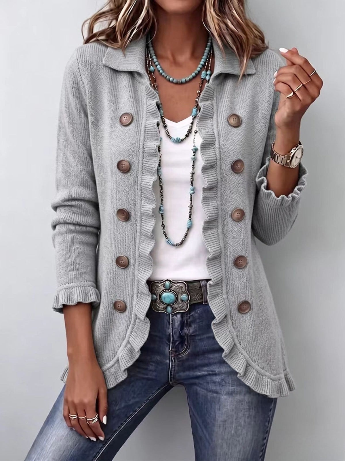 Teodora | Chaqueta de canalé gris jaspeado con volantes