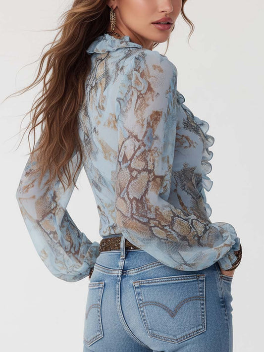 Arena | Blusa de gasa con volantes y cremallera frontal con estampado azul hielo