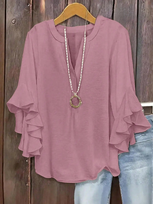 Vela | Camisa con cuello en V y mangas con volantes, con un elegante estampado floral, cómoda y a la moda, perfecta para un look informal