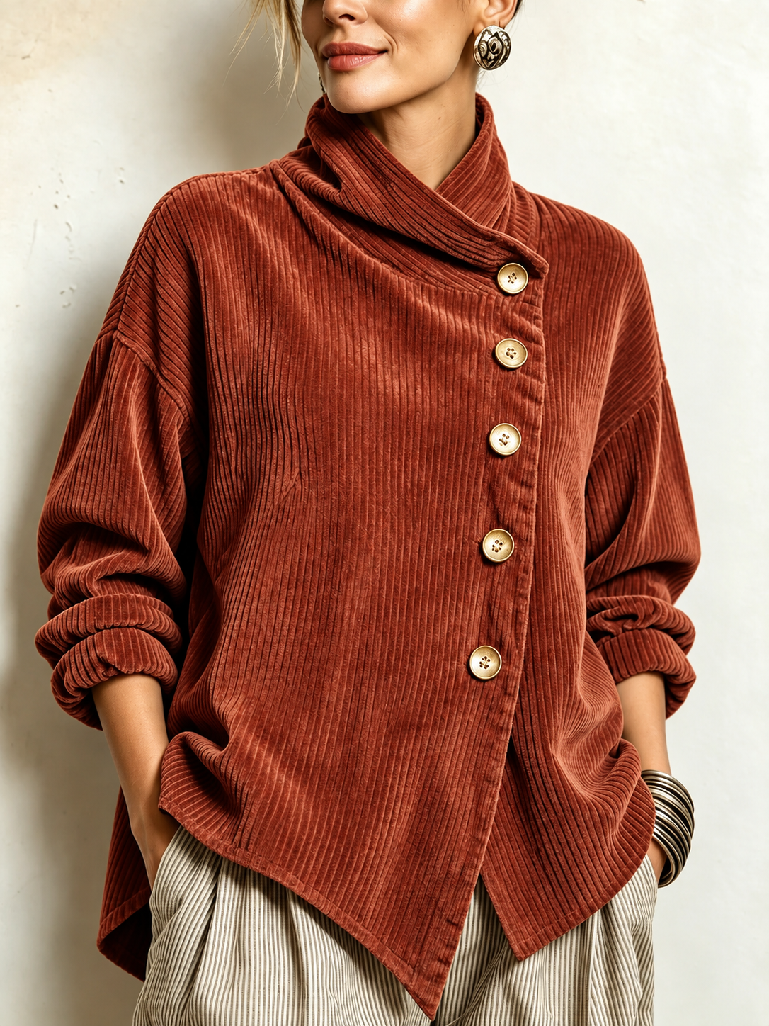 Olivia | Blusa de pana con botones en color terracota