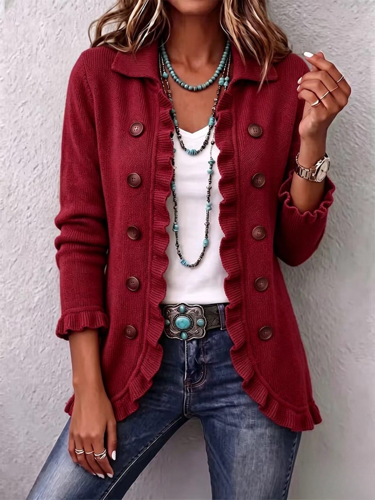 Marta | Chaqueta de canalé rojo rubí con volantes