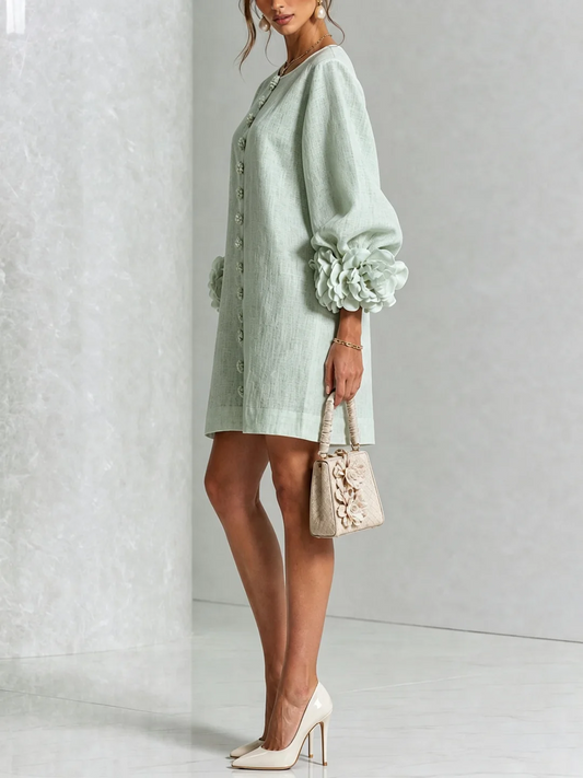 Martina | Vestido mini de mezcla de lino con puños en rosa, VERDE SALVIA