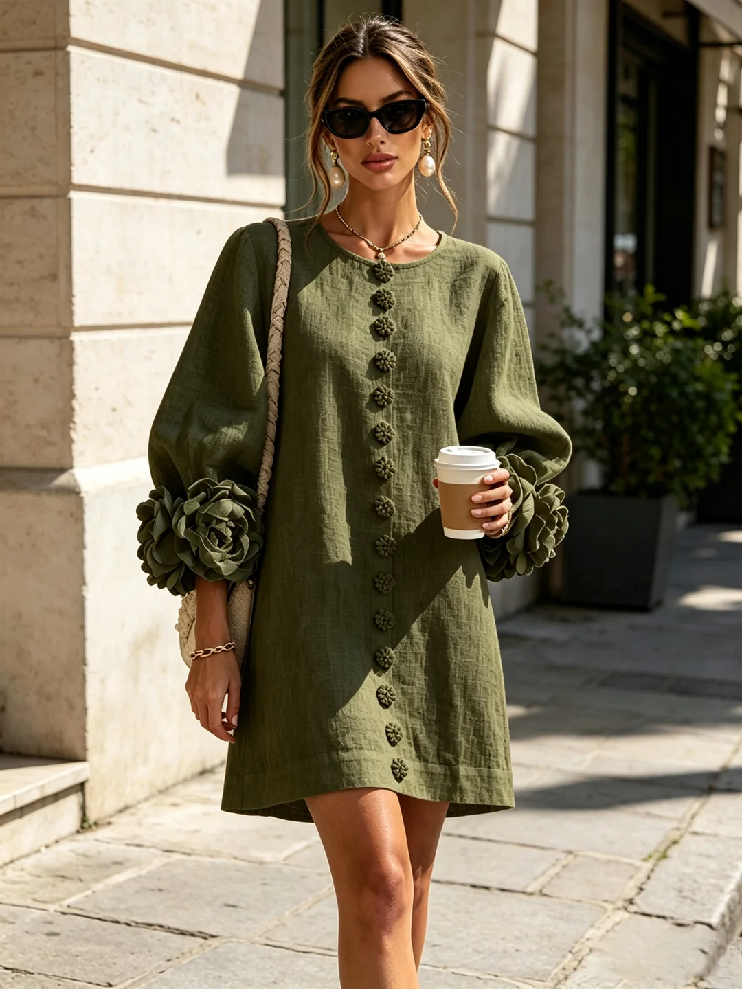 Gala | Vestido mini de mezcla de lino con puños en rosa, VERDE OLIVA
