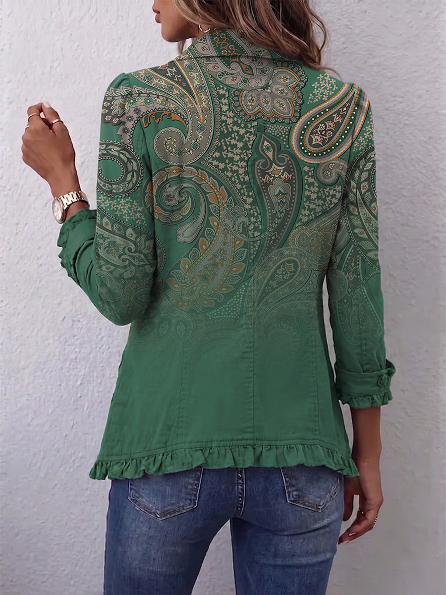 Costanza | Chaqueta bohemia verde con estampado de paisley y volantes