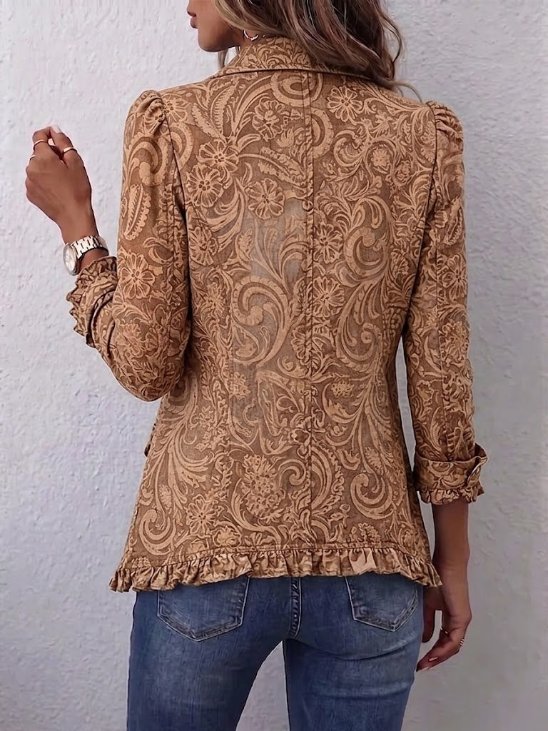 Noemi | Chaqueta bohemia vintage marrón con estampado floral y volantes