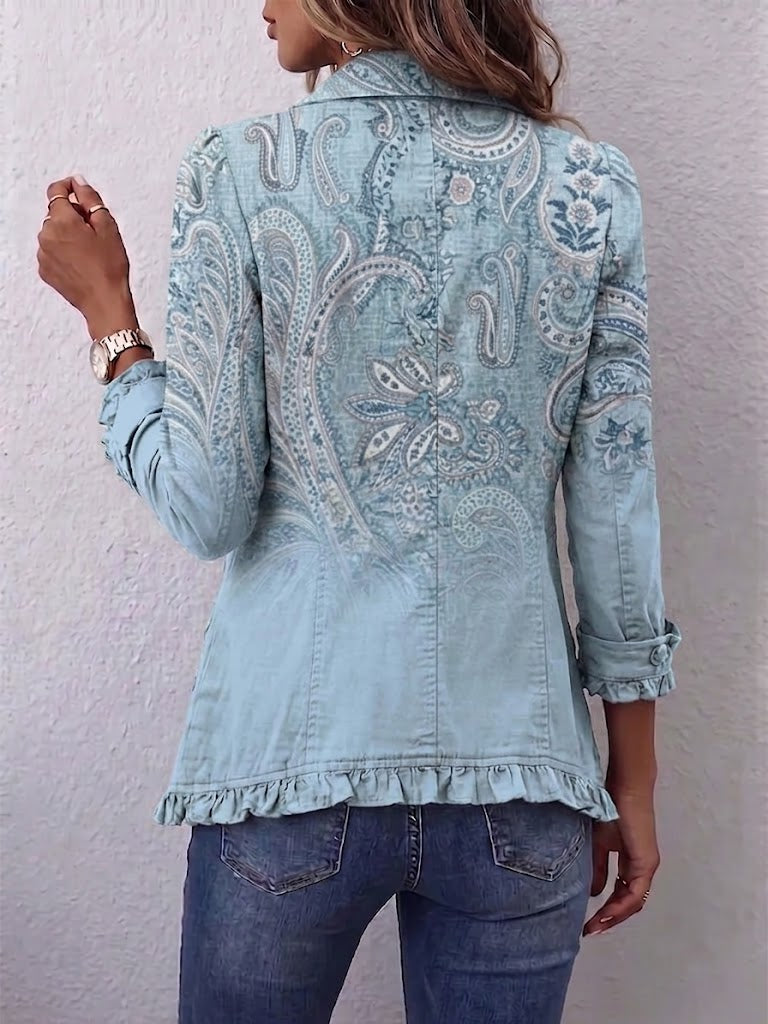 Emilia | Chaqueta vintage de estampado Paisley en azul cielo con volantes