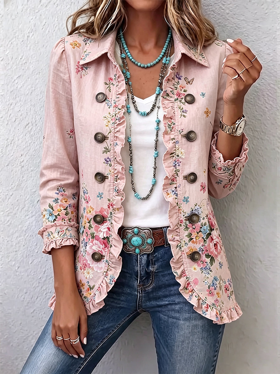 Martina | Chaqueta rosa con estampado floral, volantes y botones