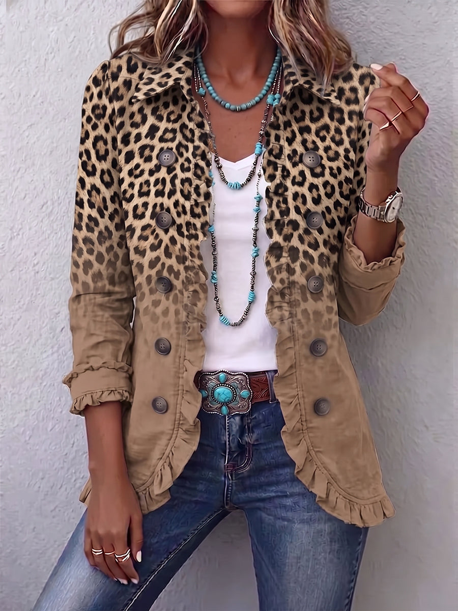 Corinna | Chaqueta vintage con estampado de leopardo en tonos camel difuminados y volantes