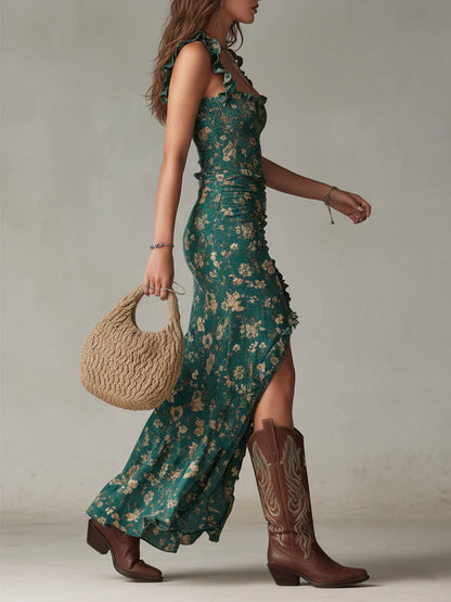 Vestido largo estampado en verde bohemio con mangas con volantes