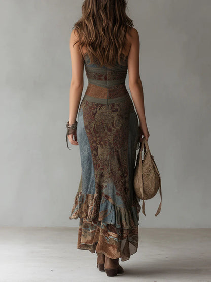 Vestido largo de un solo hombro con estampado de estilo étnico y abertura alta