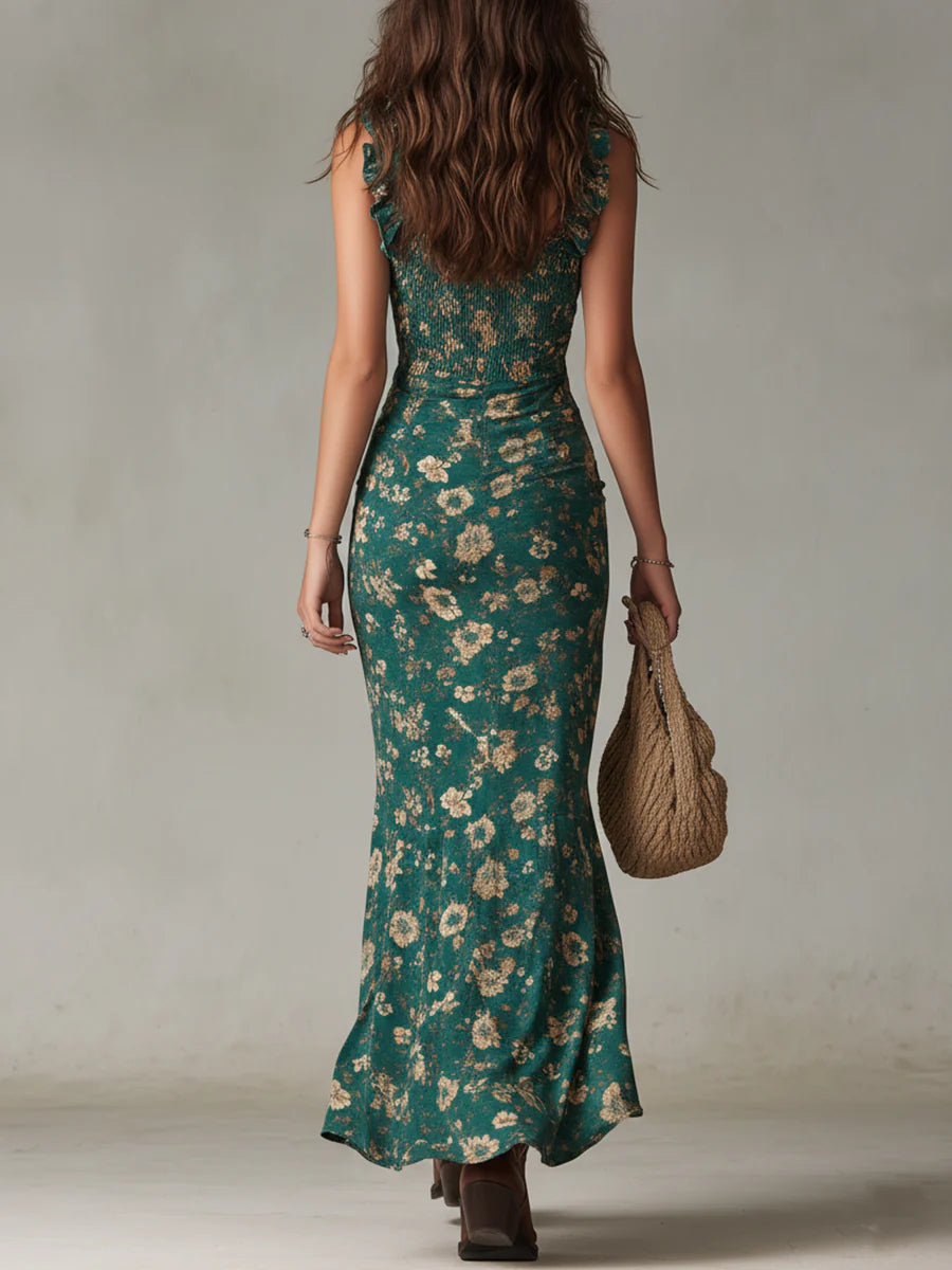 Vestido largo estampado en verde bohemio con mangas con volantes