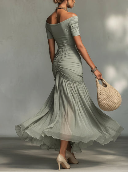 Vestido largo de tejido elástico gris y gasa