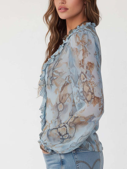 Arena | Blusa de gasa con volantes y cremallera frontal con estampado azul hielo
