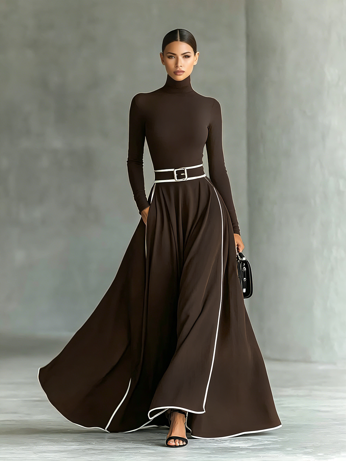 Gina – Vestido largo negro de mujer con costuras blancas, cuello alto, mangas largas y cintura ajustada