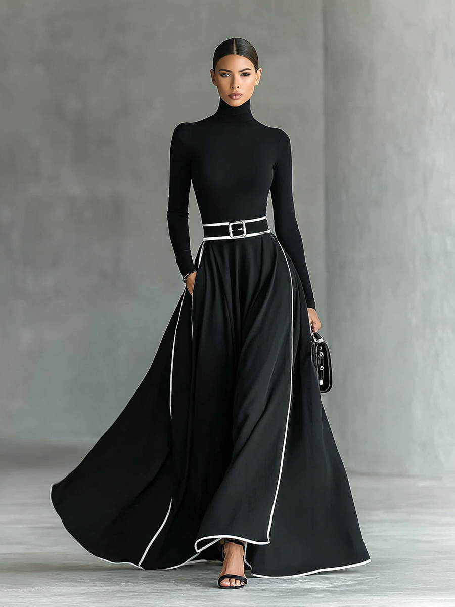 Gina – Vestido largo negro de mujer con costuras blancas, cuello alto, mangas largas y cintura ajustada