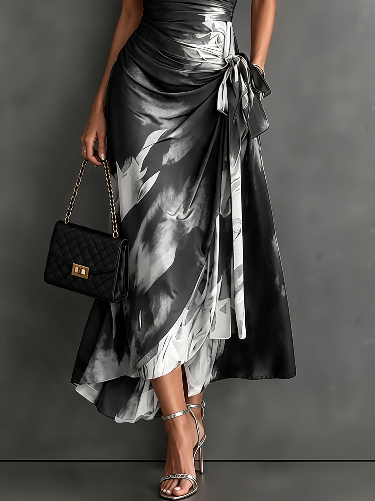 Vestido midi cruzado con estampado abstracto en rojo y negro, cuello en V, manga corta, lazo en la cintura y volantes en el bajo asimétrico