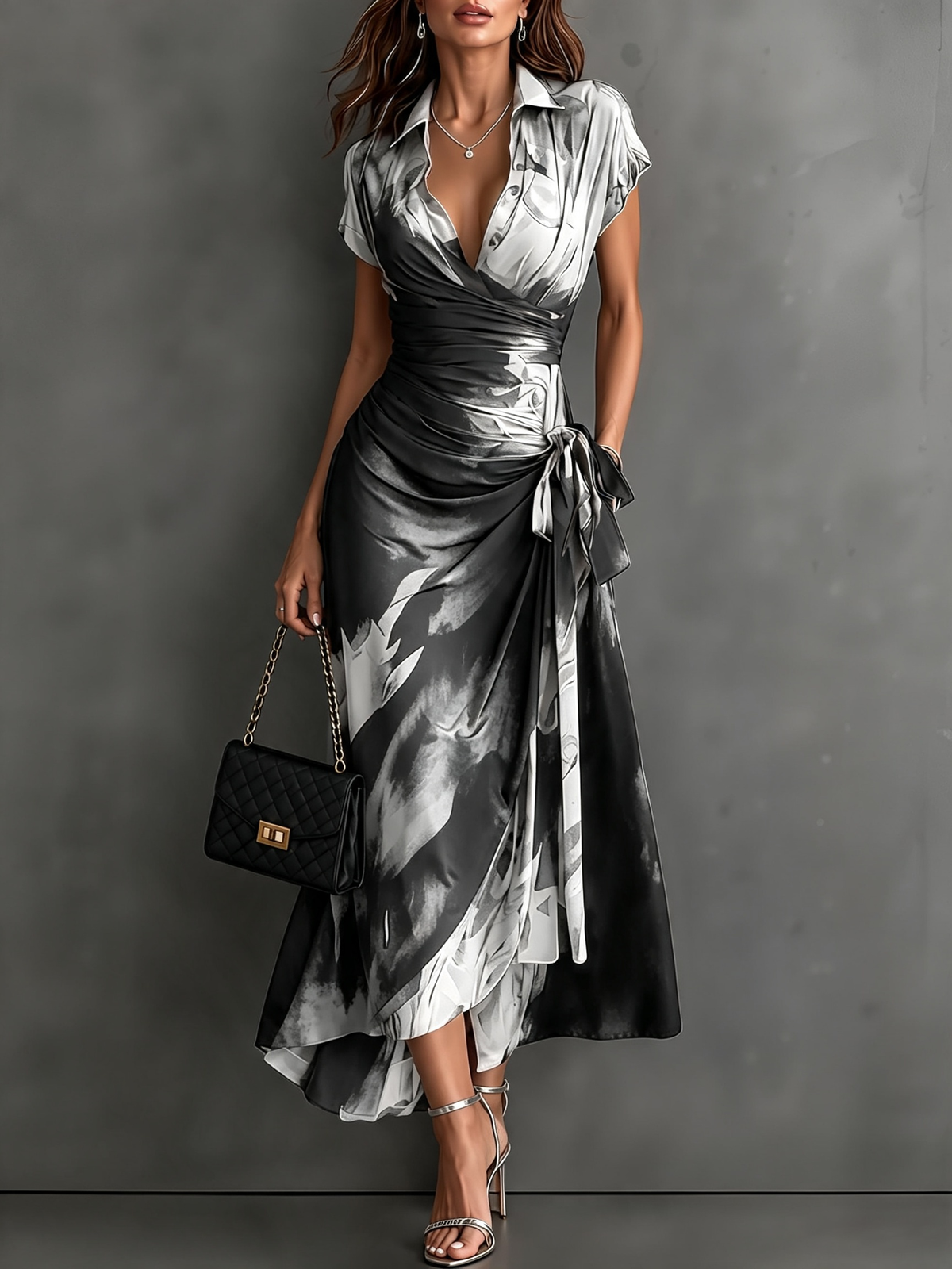 Vestido midi cruzado con estampado abstracto en rojo y negro, cuello en V, manga corta, lazo en la cintura y volantes en el bajo asimétrico