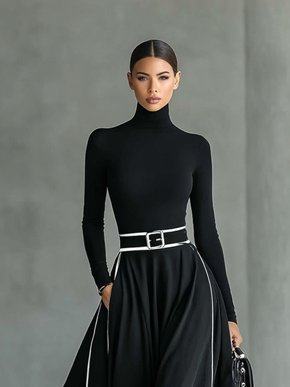 Gina – Vestido largo negro de mujer con costuras blancas, cuello alto, mangas largas y cintura ajustada