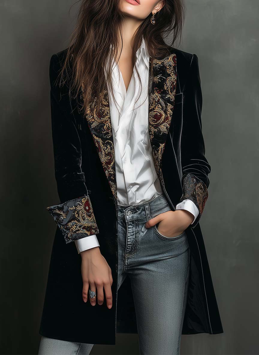 Camilla | Blazer entallada negra con estampado barroco