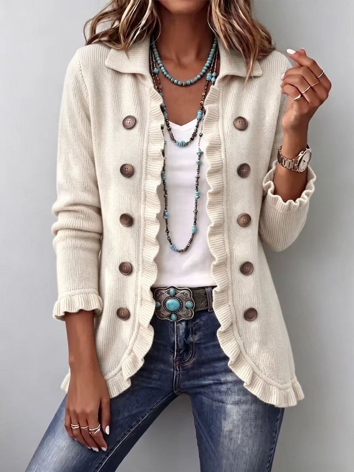 Ottavia | Chaqueta de canalé color marfil con volantes
