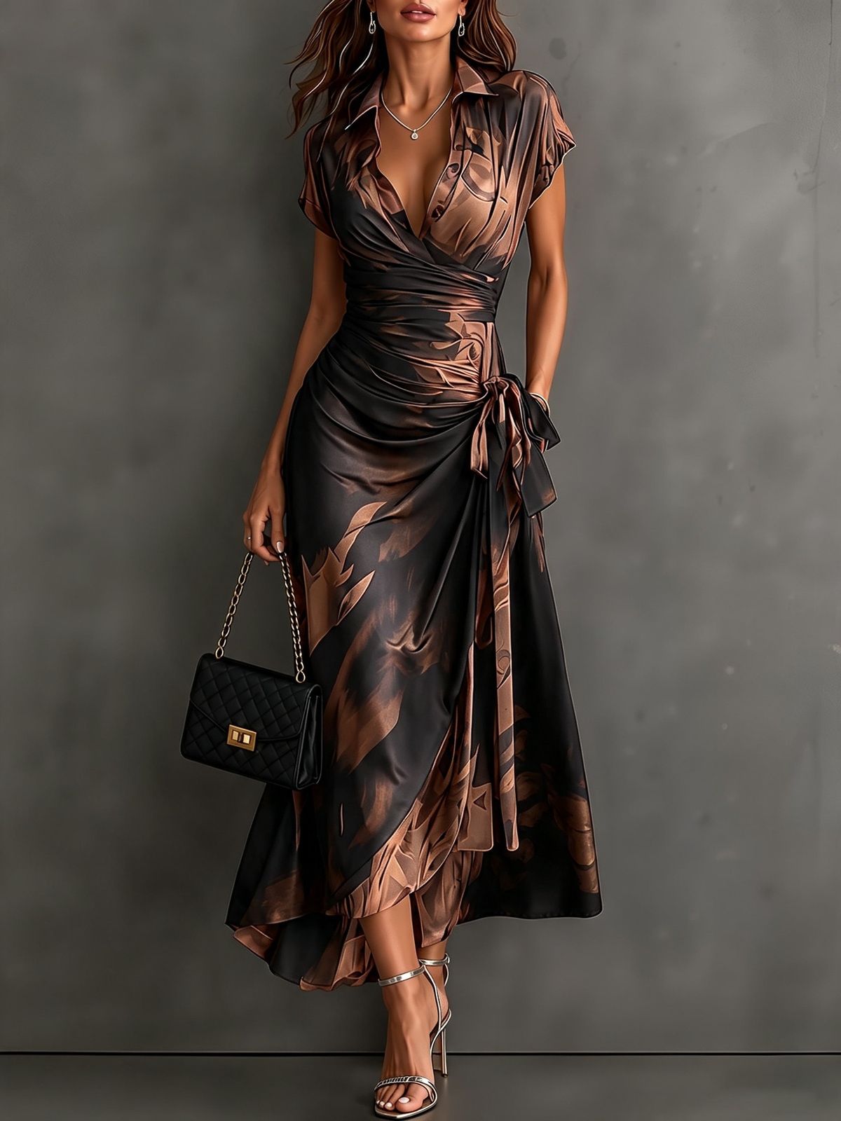 Vestido midi cruzado con estampado abstracto en tonos marrón y negro, cuello en V, manga corta, lazo en la cintura y volantes en el bajo asimétrico