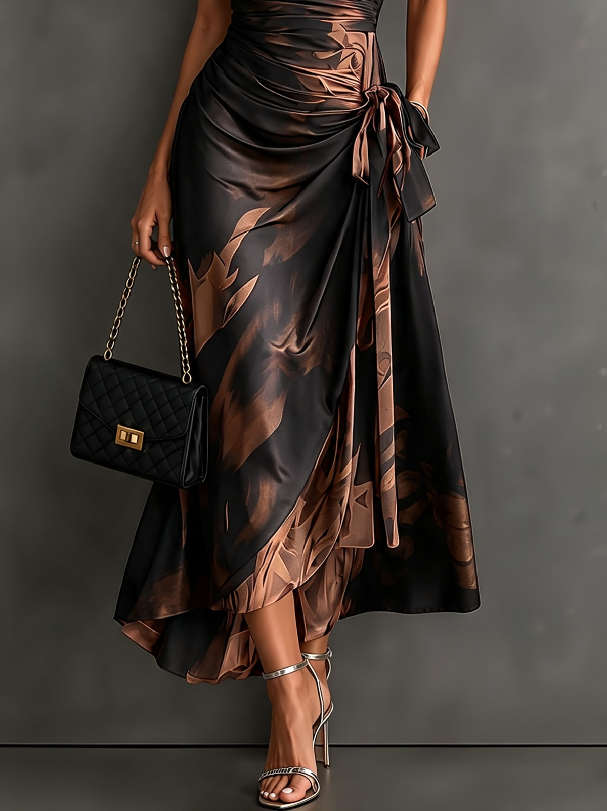 Vestido midi cruzado con estampado abstracto en rojo y negro, cuello en V, manga corta, lazo en la cintura y volantes en el bajo asimétrico