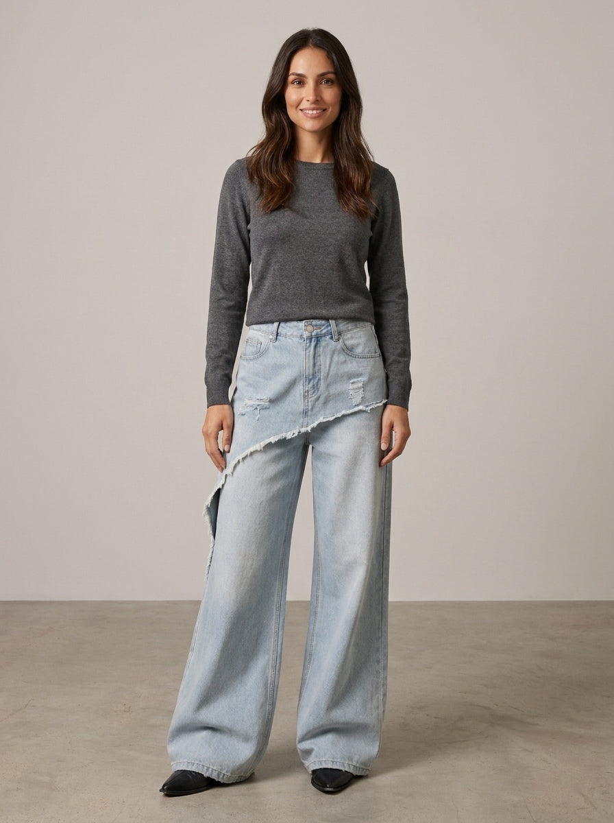 Pantalones anchos asimétricos con capas superpuestas para mujer