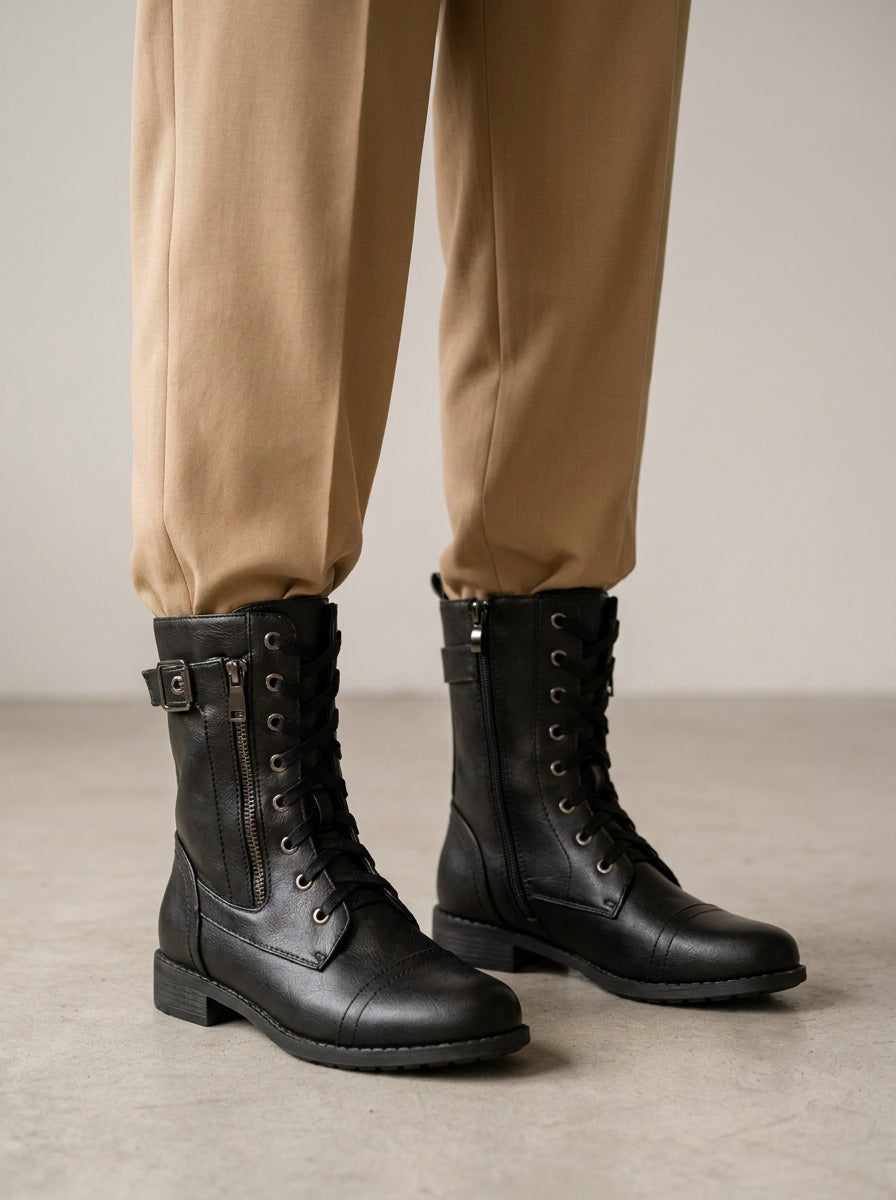 Botas ortopédicas de piel para mujer con puntera redonda y cremallera lateral