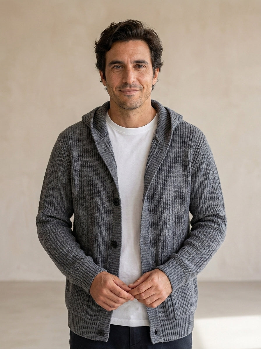 Cárdigan de punto para hombre con capucha, cárdigan informal y holgado con botones
