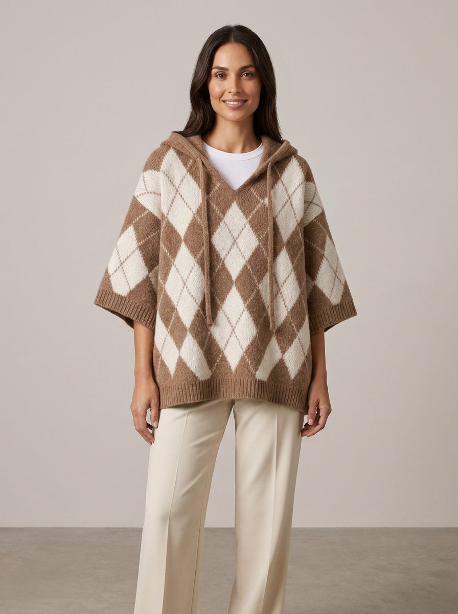 Jersey de punto con capucha a cuadros de estilo informal para mujer