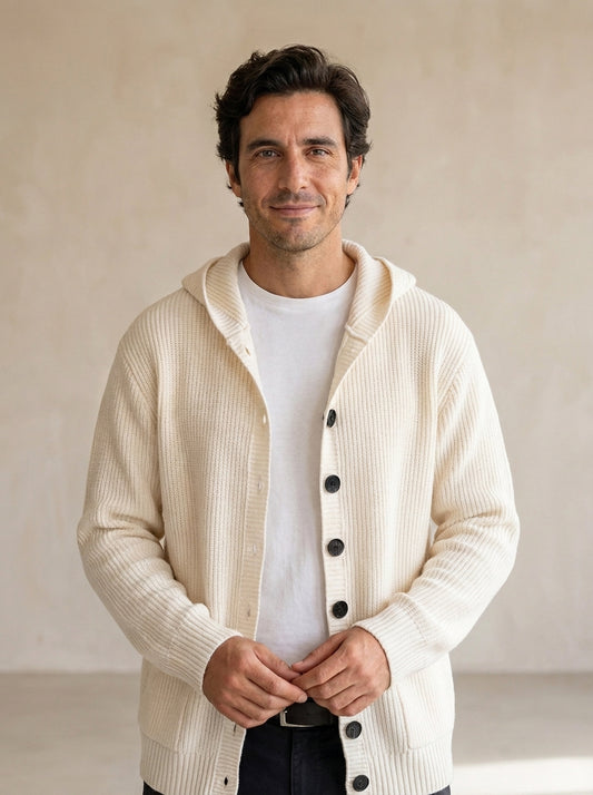 Cárdigan de punto para hombre con capucha, cárdigan informal y holgado con botones