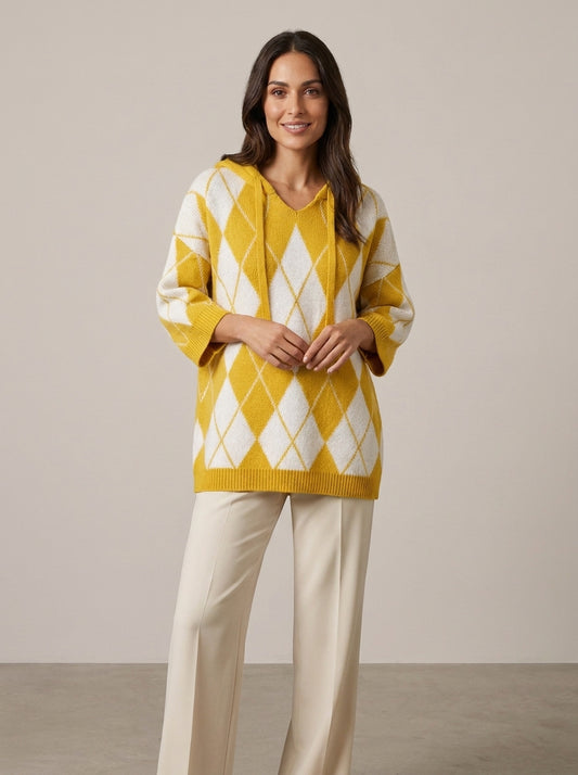 Jersey de punto con capucha a cuadros de estilo informal para mujer