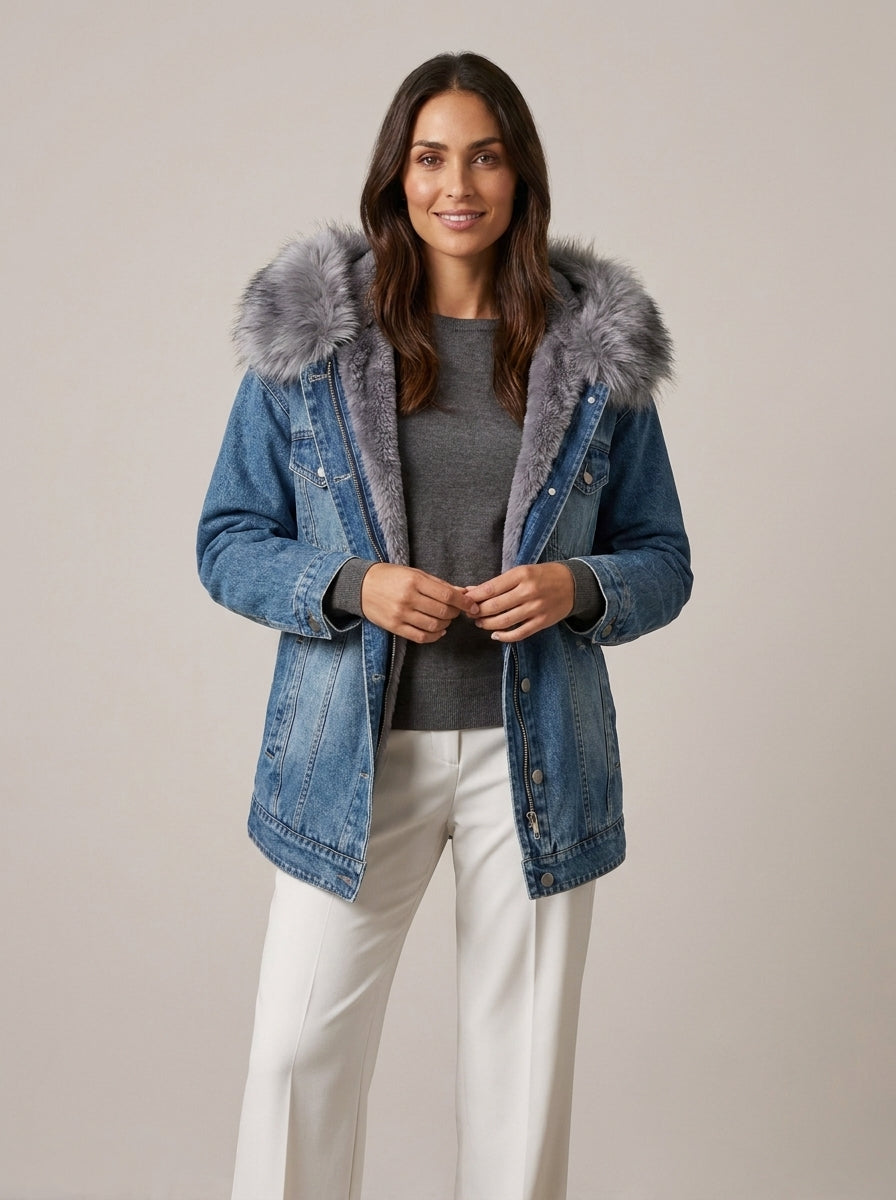 Chaqueta vaquera para mujer con cuello de piel sintética y forro polar
