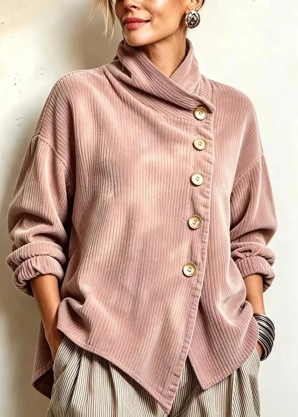 Olivia | Blusa de pana con botones en rosa empolvado
