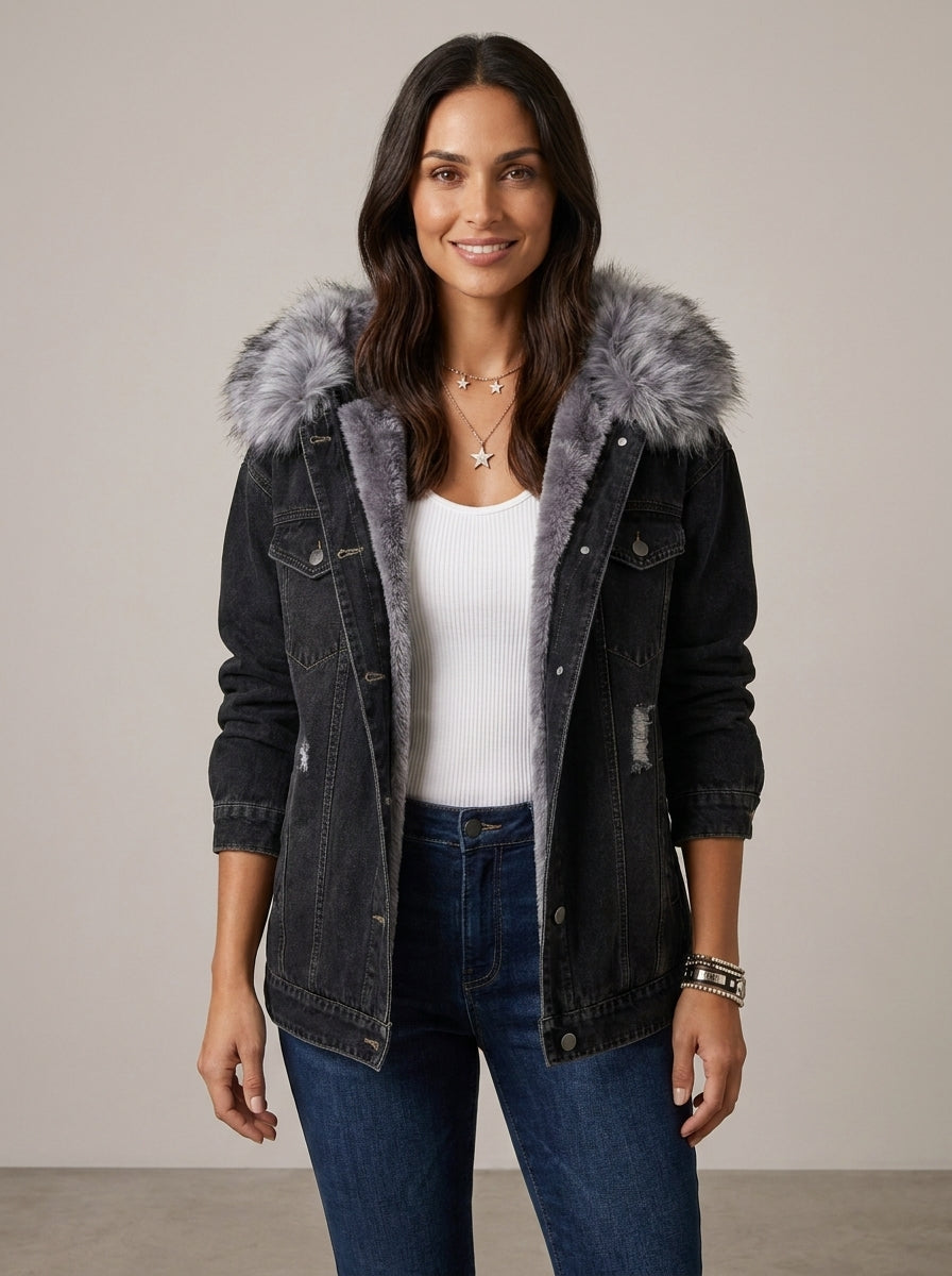 Chaqueta vaquera para mujer con cuello de piel sintética y forro polar