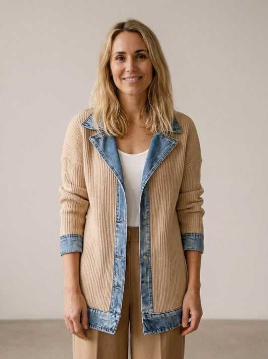 Elegante abrigo de mujer de denim con inserción de punto acanalado