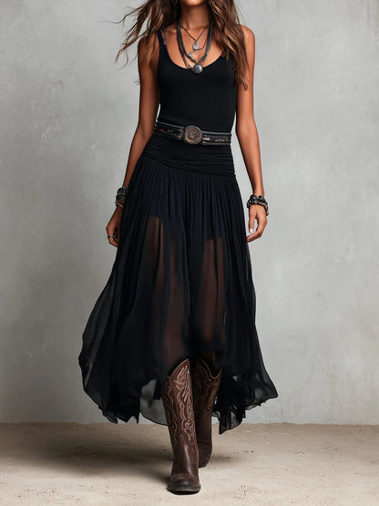 Vestido largo sin mangas negro con falda de tul (sin cinturón)