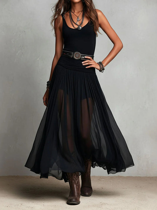 Vestido largo sin mangas negro con falda de tul (sin cinturón)