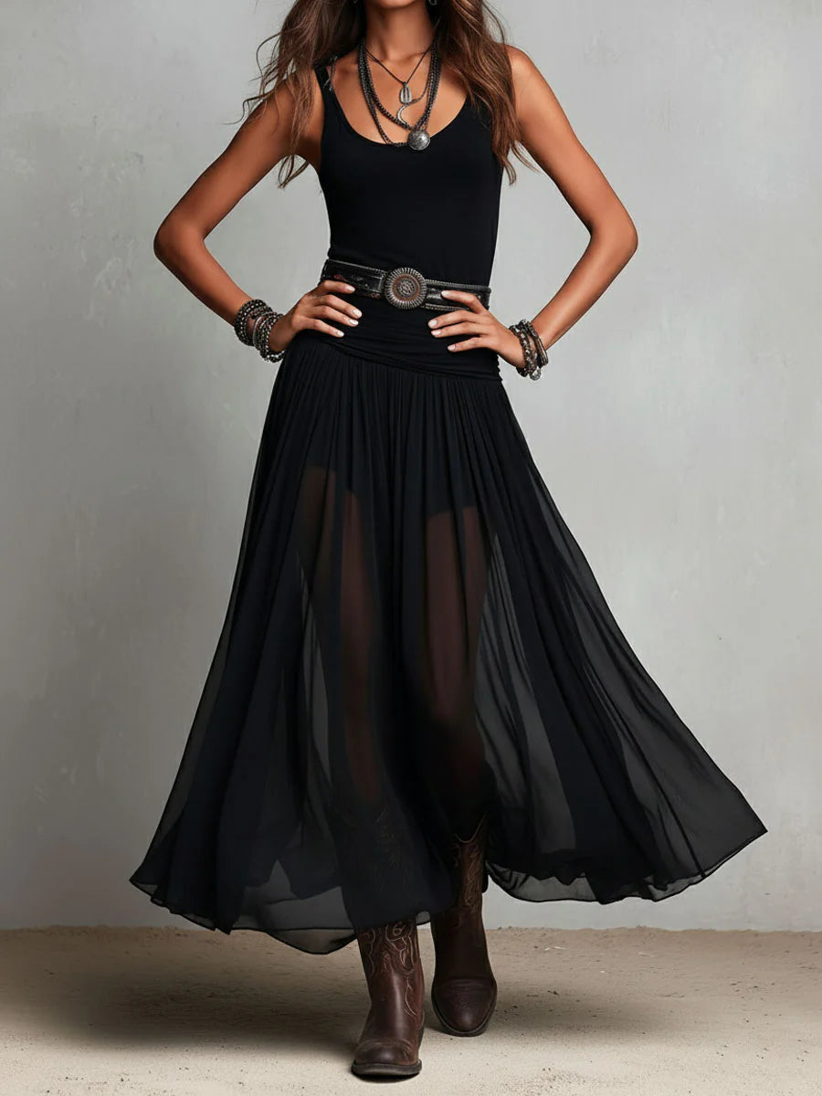 Vestido largo sin mangas negro con falda de tul (sin cinturón)