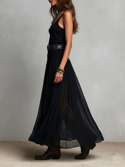 Vestido largo sin mangas negro con falda de tul (sin cinturón)