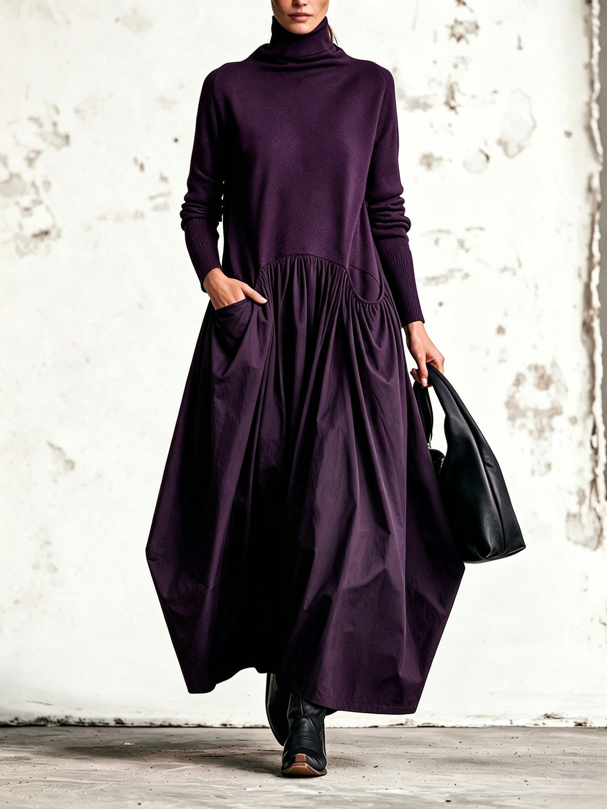 Bella | Vestido maxi oversize de cuello alto con bolsillos