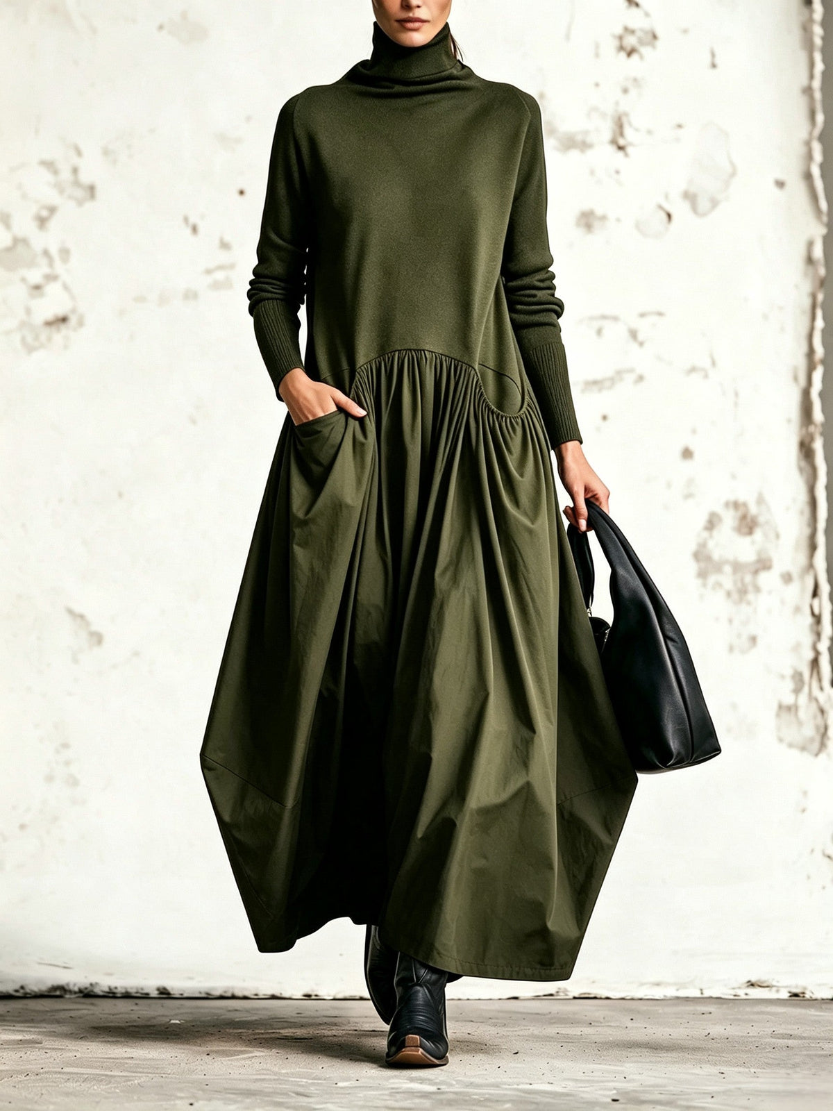 Bella | Vestido maxi oversize de cuello alto con bolsillos