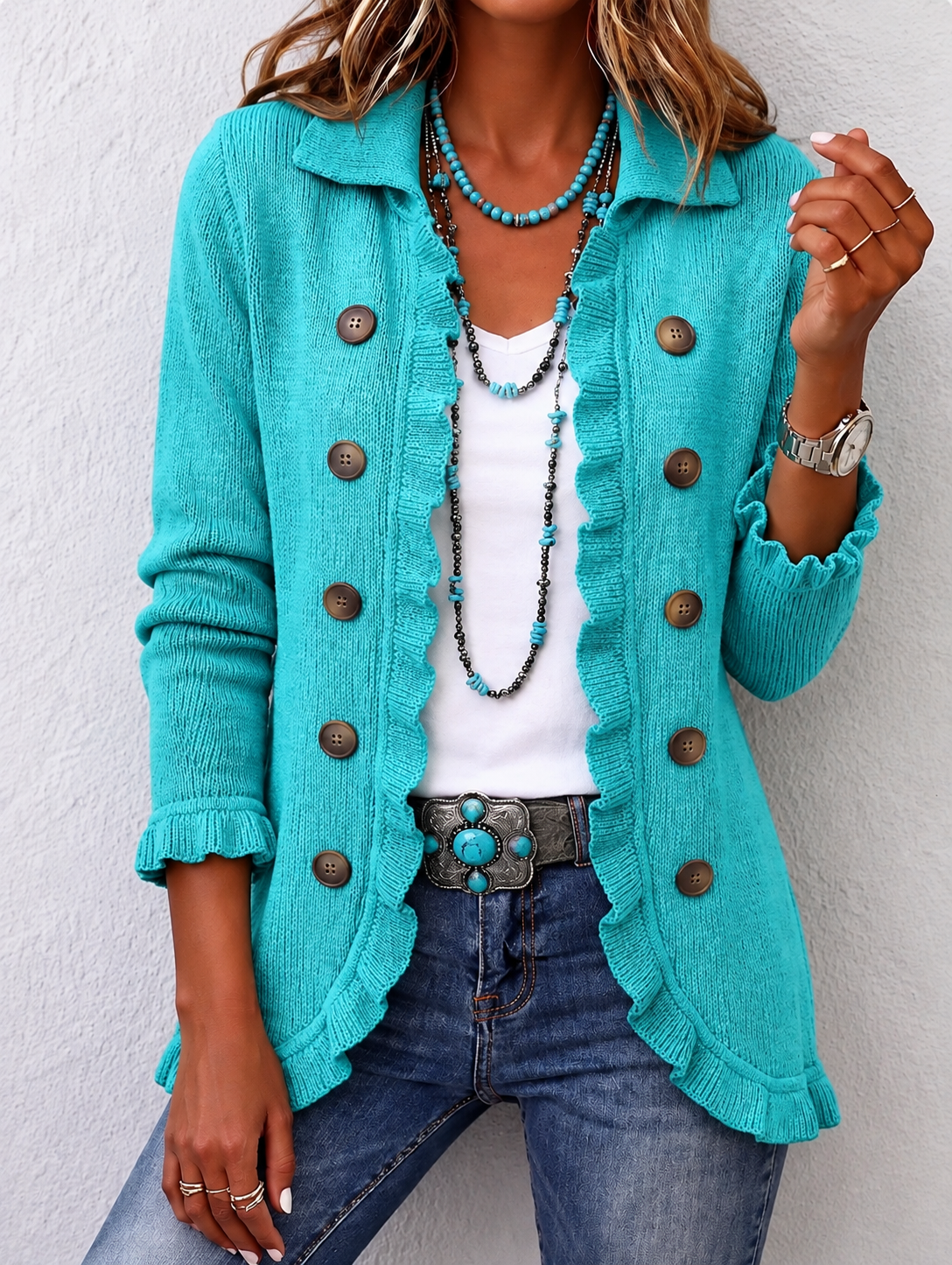 Silvana | Chaqueta de canalé turquesa con volantes