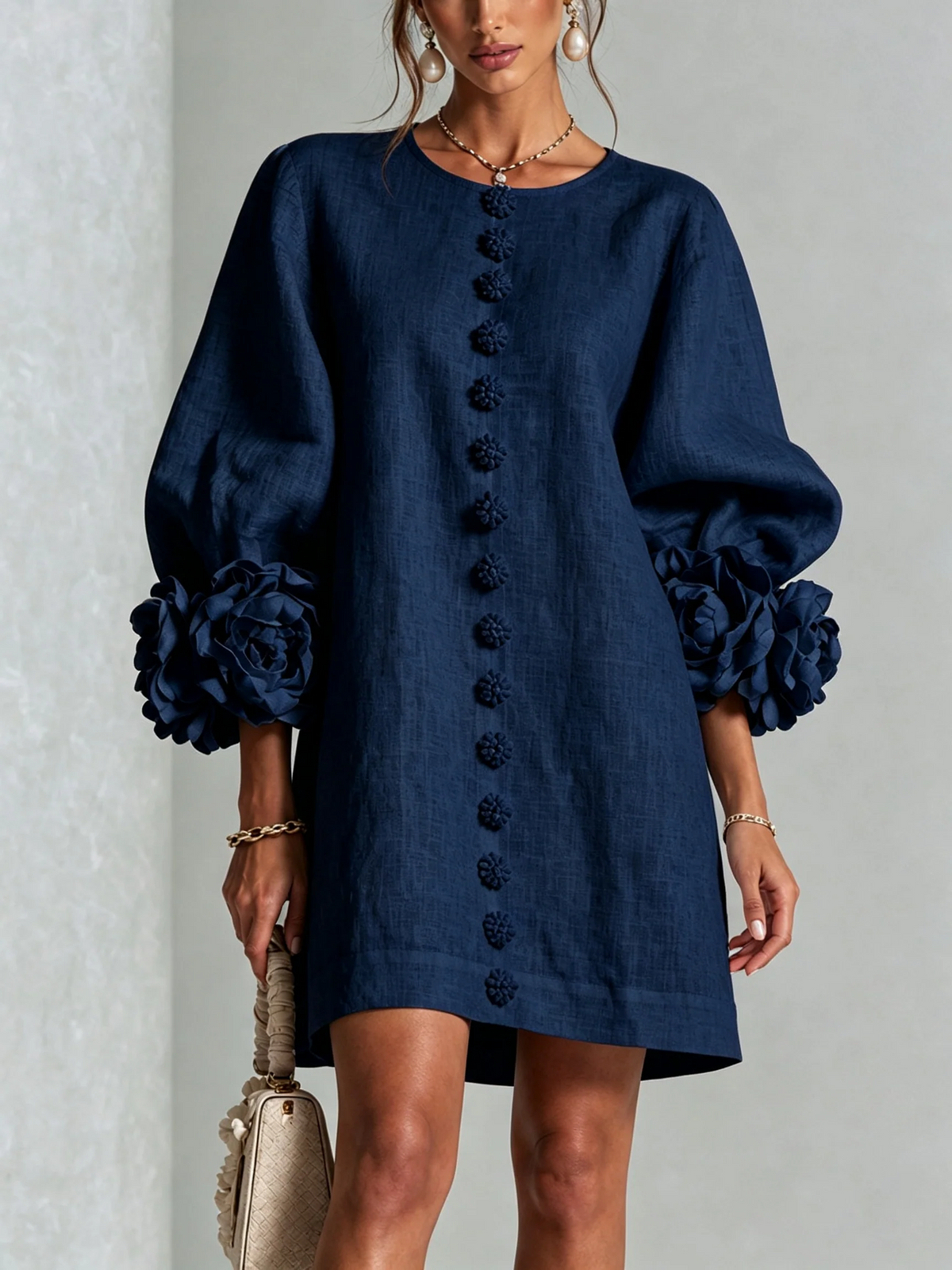 Valeria | Vestido mini de mezcla de lino con puños en rosa, AZUL MARINO