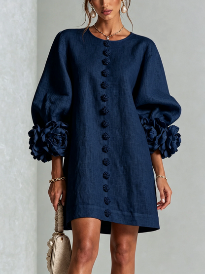 Valeria | Vestido mini de mezcla de lino con puños en rosa, AZUL MARINO