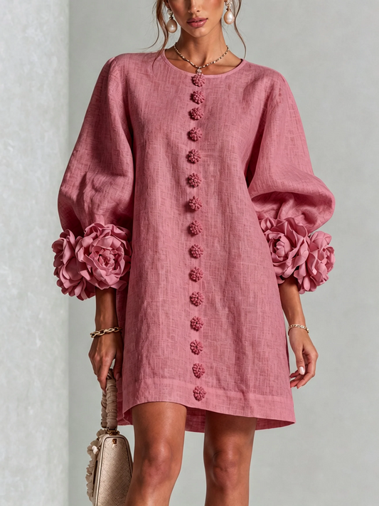 Blanca | Vestido mini de mezcla de lino con puños en rosa, ROSA ANTIGUO