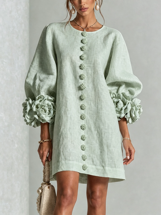 Martina | Vestido mini de mezcla de lino con puños en rosa, VERDE SALVIA