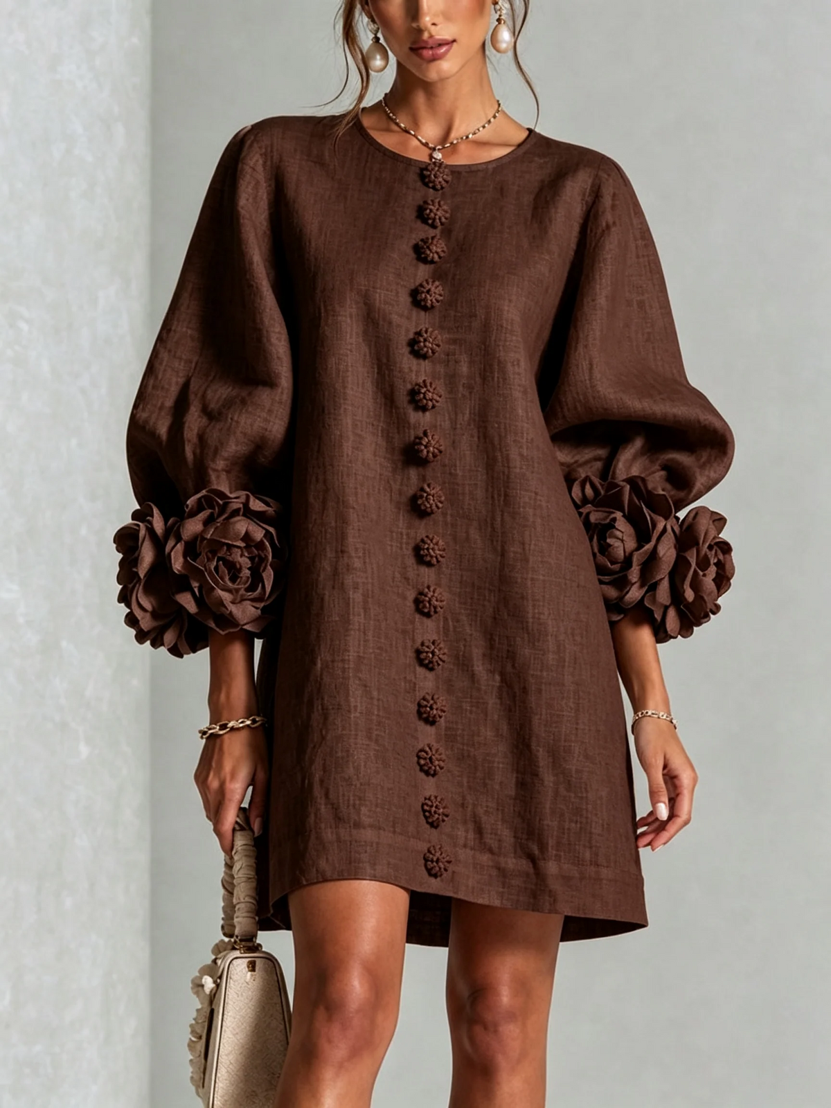Aitana | Vestido mini de mezcla de lino con puños en rosa, MARRON CHOCOLATE
