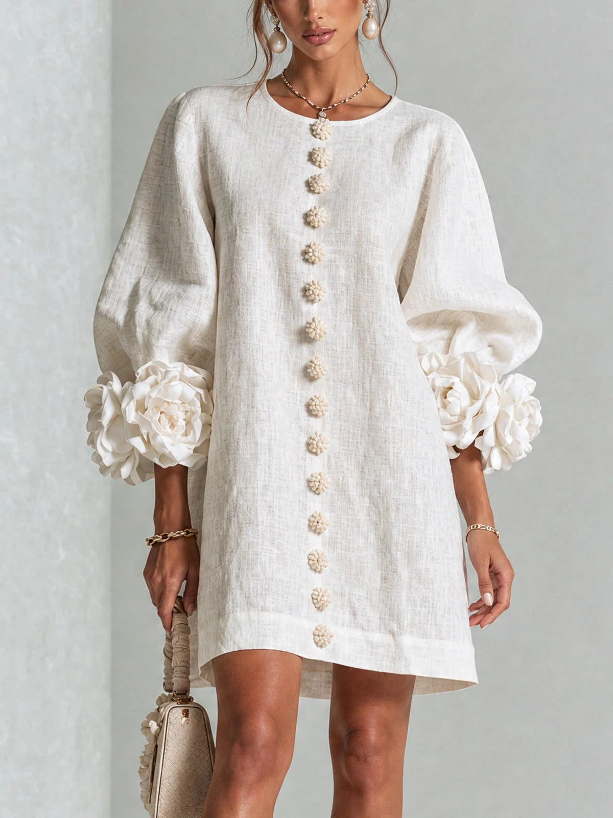 Candela | Vestido mini de mezcla de lino con puños en rosa, BLANCO