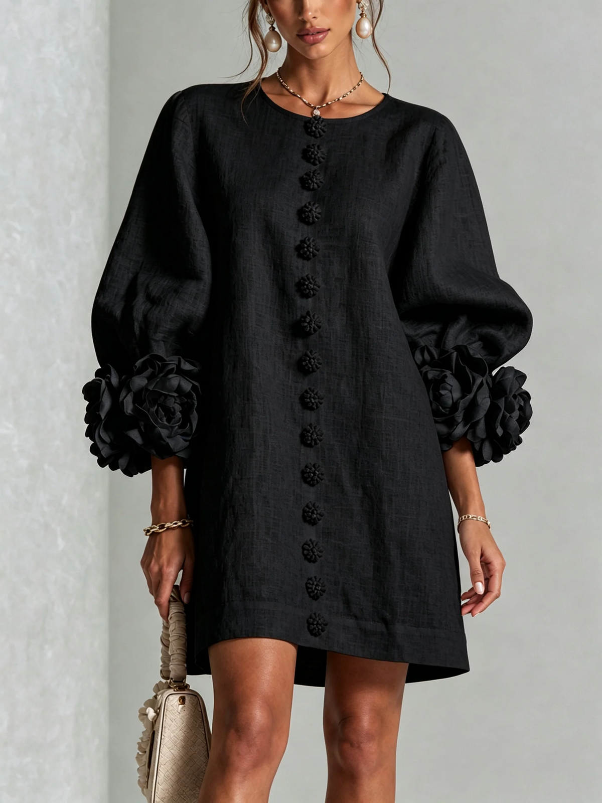 Noelia | Vestido mini de mezcla de lino con puños rosas, NEGRO